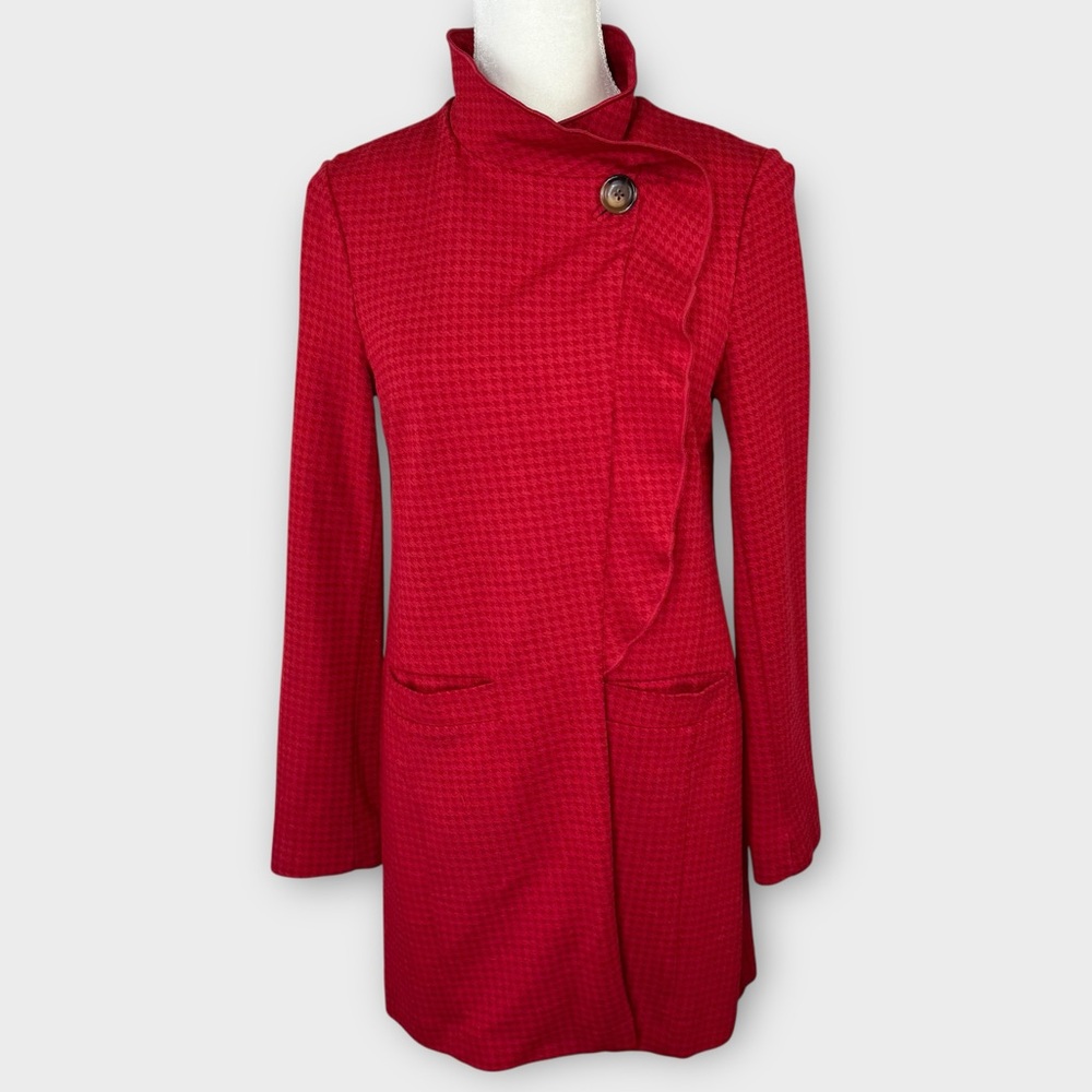 CAbi Red Houndstooth Long Coat S Chic Elegant Ponte Asymmetrical Ruffle Peacoat - Picture 13 of 13